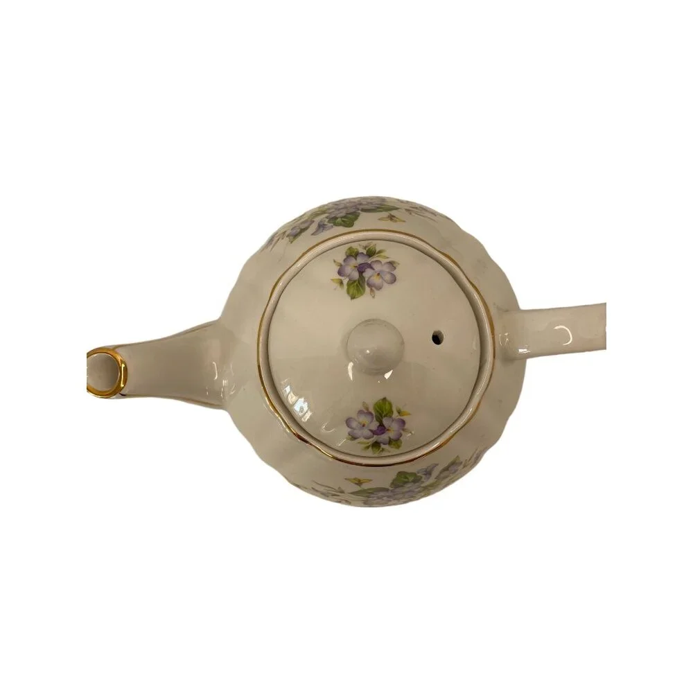 England‎ violet ceramic teapot with lid gilded gold trim rounded floral 6